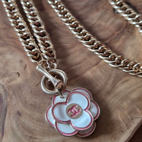 Authentic CC Logo Flower Upcycled Pendant Necklace White Pink Gold Tone